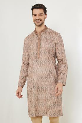 printed polyester slim fit men's long kurta - natural