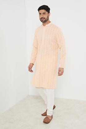 printed polyester slim fit men's long kurta - peach