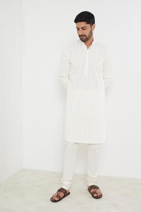 printed polyester slim fit men's long kurta - white