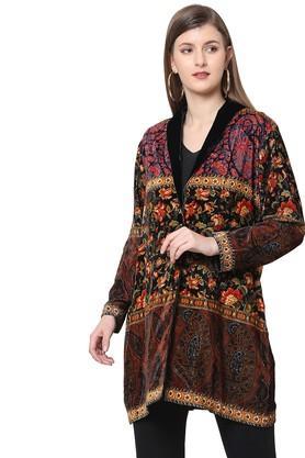 printed polyester spread collar women's long jacket - multi