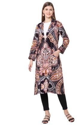 printed polyester spread collar women's long jacket - multi