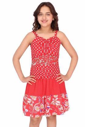 printed polyester sweetheart neck girls casual wear dress - red