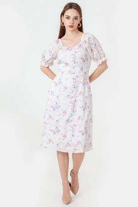 printed polyester sweetheart neck women's midi dress - white