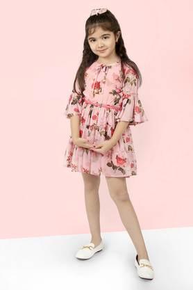 printed polyester tie up neck� girls dress - pink