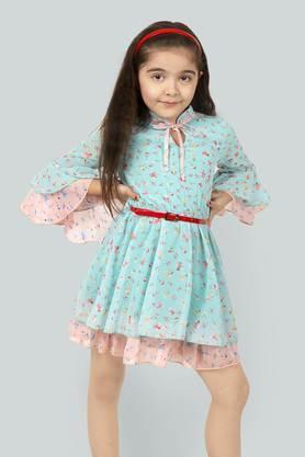 printed polyester tie up neck� girls dress - turquoise
