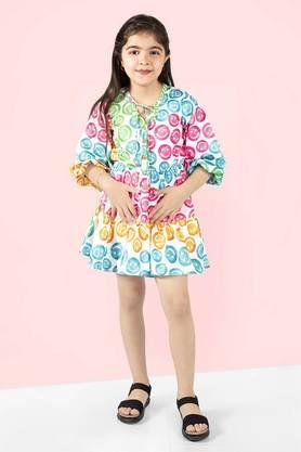 printed polyester tie up neck� girls dress - white
