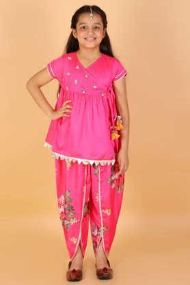 printed polyester v neck girls kurta dhoti set - pink