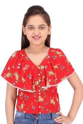 printed polyester v-neck girls top - red