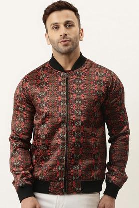 printed polyester viscose collared men's jacket - maroon
