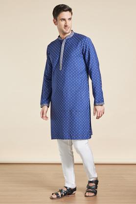 printed polyester viscose mens festive wear kurta - blue