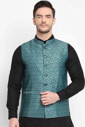 printed polyester viscose regular fit men's occasion wear nehru jacket - green