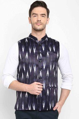 printed polyester viscose regular fit men's occasion wear nehru jacket - navy