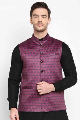 printed polyester viscose regular fit men's occasion wear nehru jacket - purple