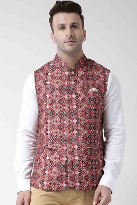 printed polyester viscose regular fit men's occasion wear nehru jacket - red