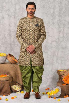 printed polyester viscose regular fit men's sherwani with pyjama - olive