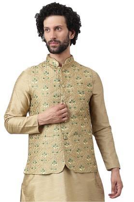 printed polyester viscose regular fit mens nehru jacket - khaki