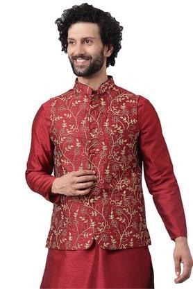 printed polyester viscose regular fit mens nehru jacket - red
