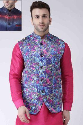 printed polyester viscose regular fit mens occasion wear nehru jacket - multi