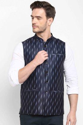 printed polyester viscose regular fit mens occasion wear nehru jacket - navy