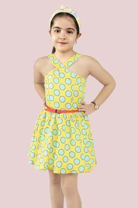 printed polyester y-neck girls dress - yellow
