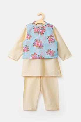 printed pst mandarin infants boys kurta pyjama jacket set - yellow