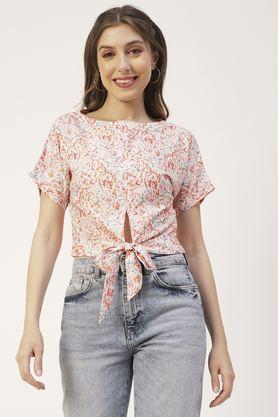 printed rayon blend round neck women's top - peach