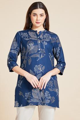 printed rayon chinese collar women's tunic - indigo