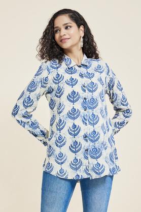 printed rayon collar neck women's casual wear tunic - off-white