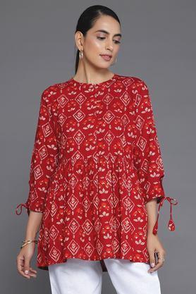 printed rayon collared women's casual wear kurti - maroon