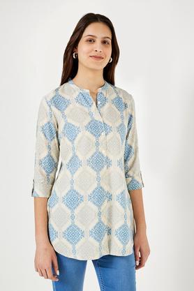 printed rayon collared women's tunic - blue