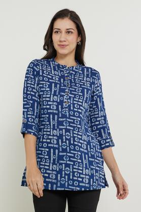 printed rayon collared women's tunic - indigo