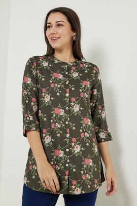 printed rayon collared women's tunic - olive