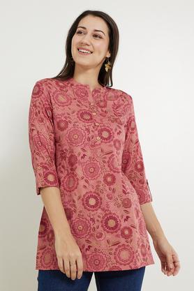 printed rayon collared women's tunic - pink