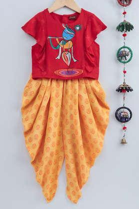 printed rayon full length girls top & dhoti pant set - red