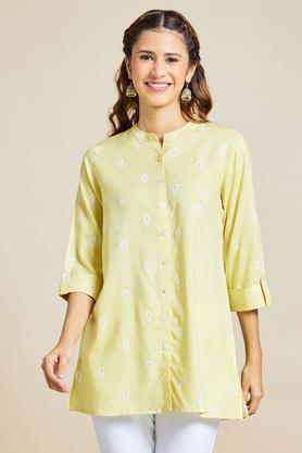 printed-rayon-mandarin-women's-casual-wear-tunic---yellow
