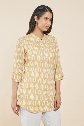 printed rayon mandarin women's casual wear tunic - yellow