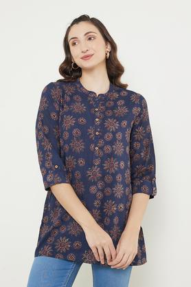 printed-rayon-mandarin-women's-tunic---indigo