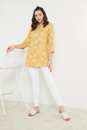 printed rayon mandarin women's tunic - yellow