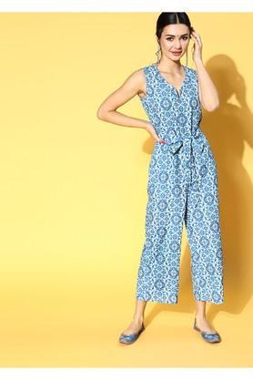 printed rayon regular fit womens ankle length jumpsuit - blue