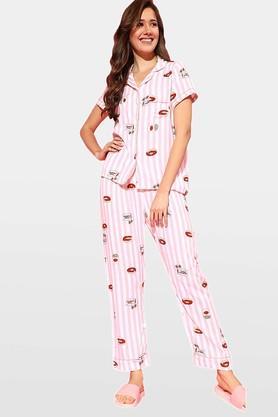 printed rayon regular fit womens sleepwear set - peach