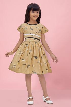 printed rayon round neck girls casual wear dress - natural