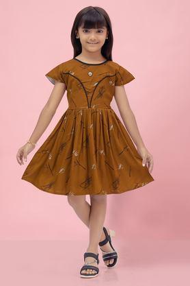 printed rayon round neck girls party wear dress - rust