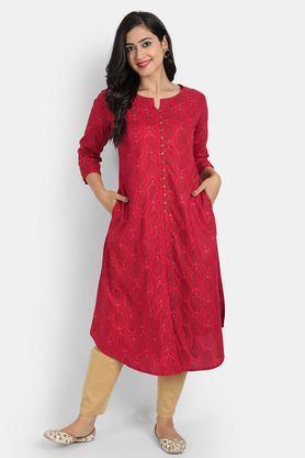 printed rayon round neck women's casual wear kurti - red