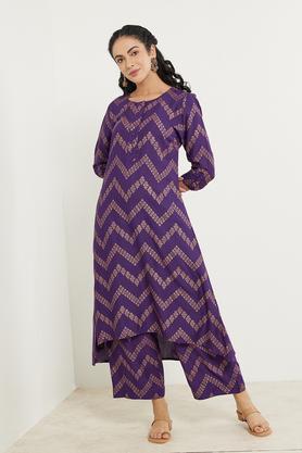 printed rayon round neck women's kurta - purple