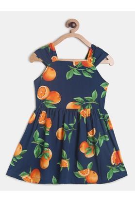 printed rayon square neck girls casual wear dress - navy