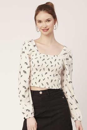 printed rayon square neck women's top - white