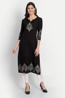 printed rayon v-neck women's casual wear kurti - black