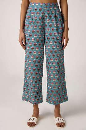 printed regular fit chambray women's formal wear trousers - turquoise