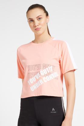 printed regular fit cotton women's active wear t-shirt - coral