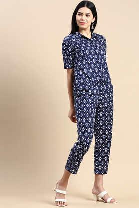 printed regular fit cotton women's casual wear trouser - indigo
